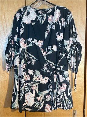 City Chic Green Floral Tie-Waist Wrap Blouse